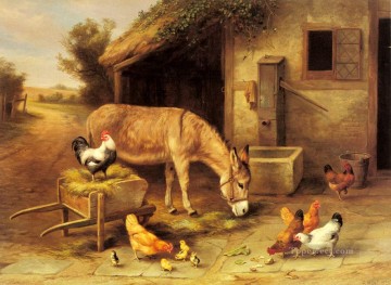 Hausgeflügel Werke - einen Esel und Hühner außerhalb eines Stable Bauernhof Tiere Edgar Hunt